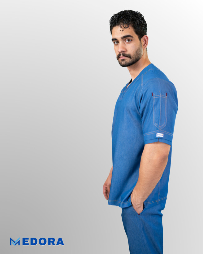 اسکراب شلوار پزشکی مدل FLEX+ طرح جین رنگ آبی پارچه تمام نخ